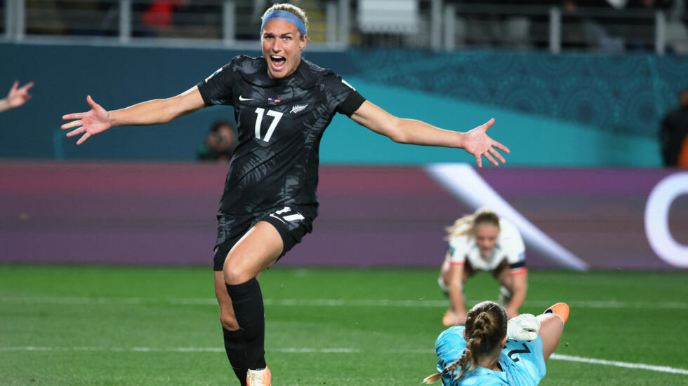 New Zealand forward Hannah Wilkinson celebrates scoring during her team’s match against Norway at Eden Park in Auckland on July 20, 2023.