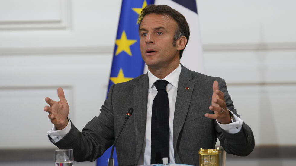 French President Emmanuel Macron speaks as he chairs a cabinet meeting after a government reshuffle in Paris on July 21, 2023.