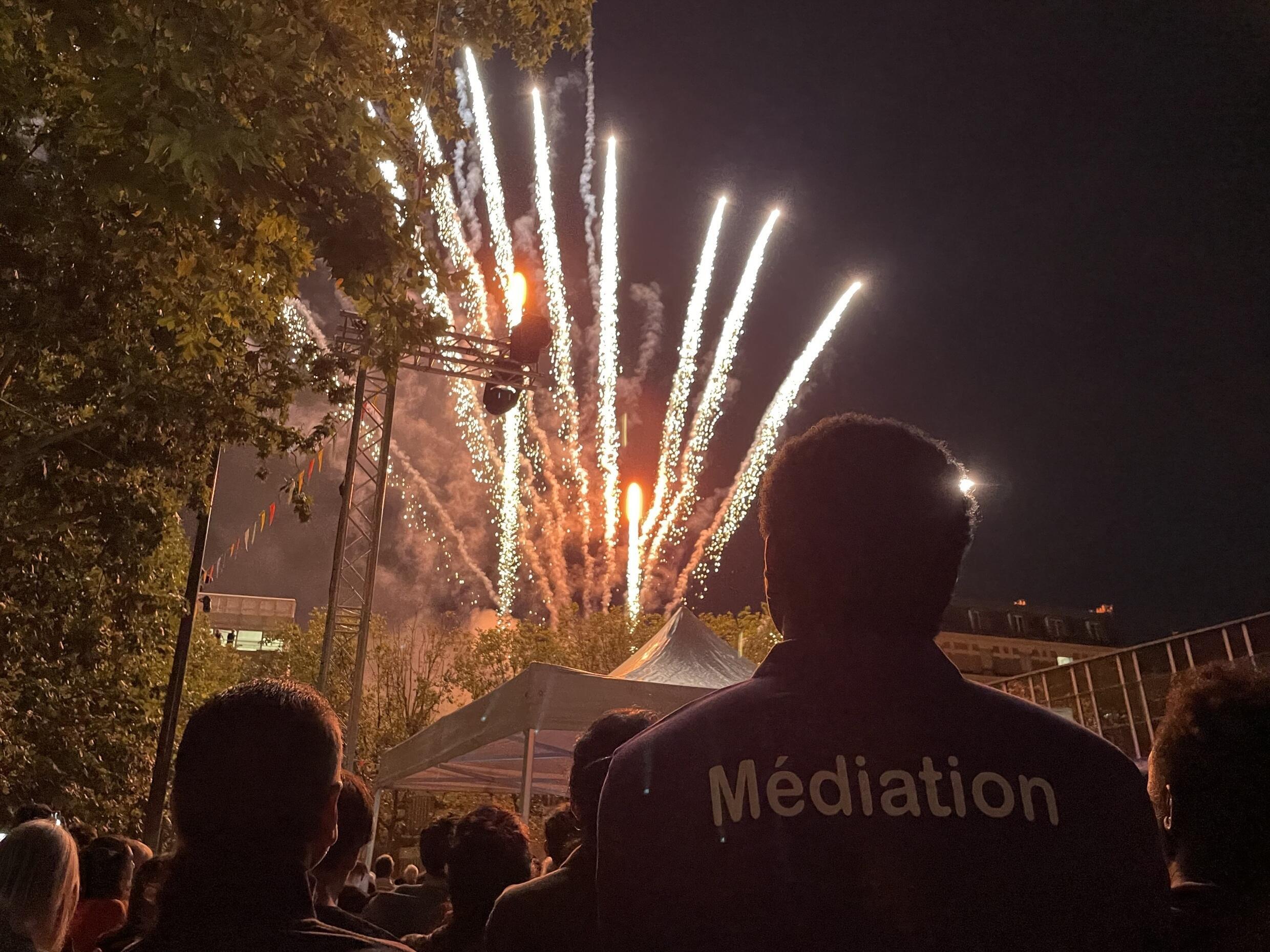 Social worker Samba Baye watches the Bastille Day fireworks in the southwest Paris suburb of Malakoff, France on July 13, 2023.